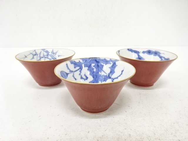 JAPANESE PORCELAIN / YUNOMI TEA CUP / SOMETSUKE / SET OF 3